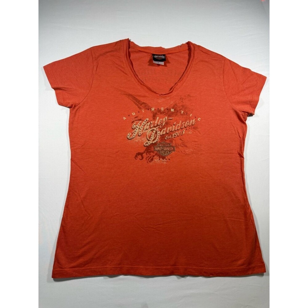 Harley Davidson Mile High Denver CO Rhinestone V-Neck Tee - Orange - Women’s XL